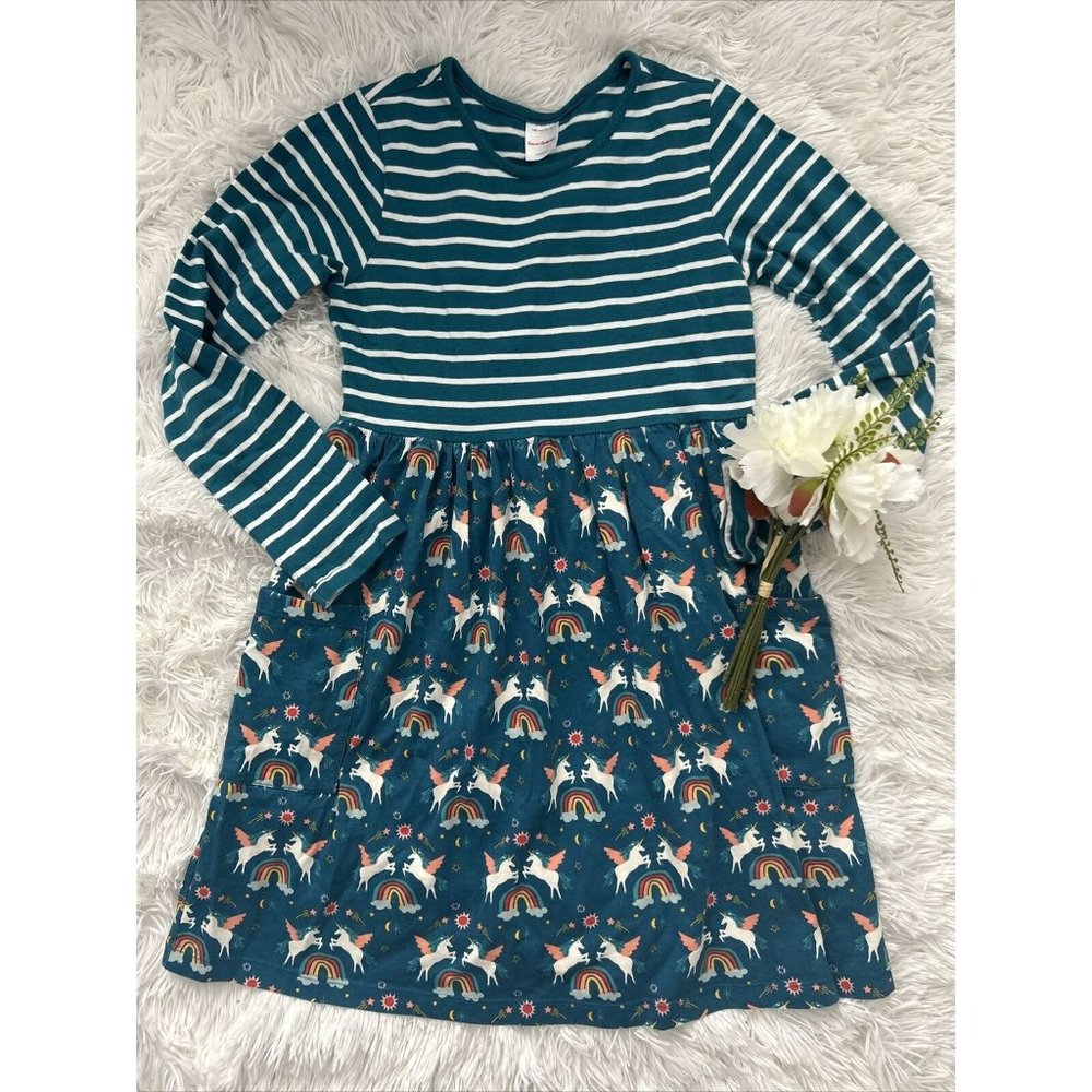 HANNA ANDERSSON 140 Cotton Long sleeve DRESS Unicorn Teal Sz 10